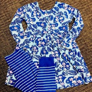 Hanna Andersson blue knit flower print dress w/ striped pants size 120 (6-7)